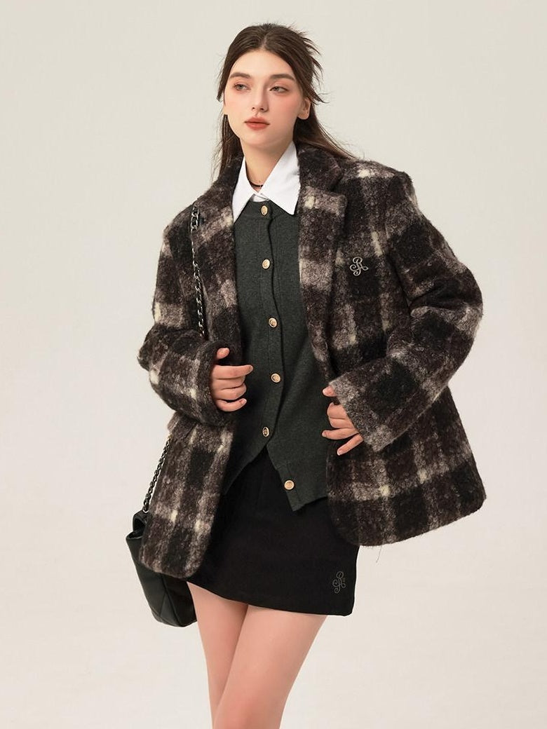 ikyou Minimalist Commuter Straight Fit Blazer Lapel Striped Flocked Office Wool Coats