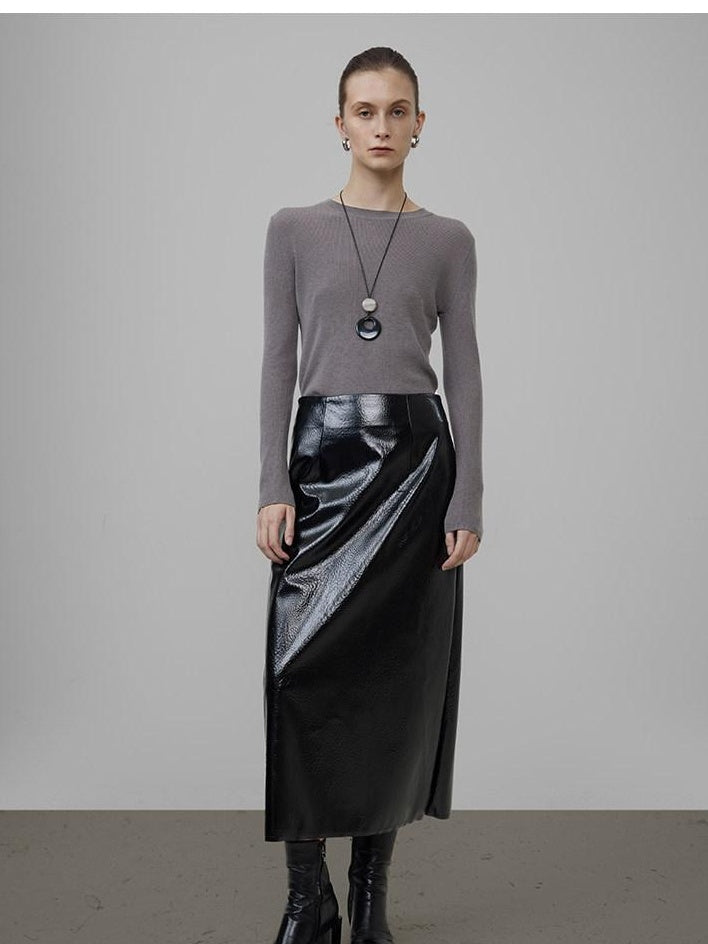 unspoken High Waist Pu Leather A Line Lined Black Commuter Skirt For Women Midi Skirts