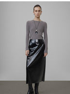 unspoken High Waist Pu Leather A Line Lined Black Commuter Skirt For Women Midi Skirts