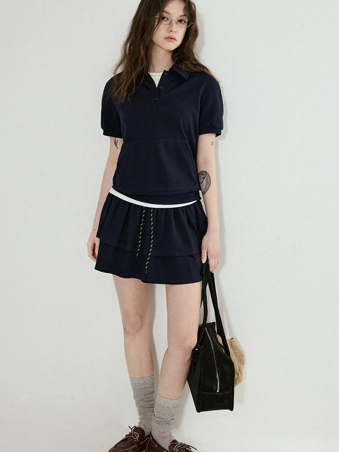 fano Navy Polo Short Sleeve Two Piece Pullover Mini Skirt For Women Top & Skirt Sets