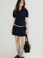 fano Navy Polo Short Sleeve Two Piece Pullover Mini Skirt For Women Top & Skirt Sets