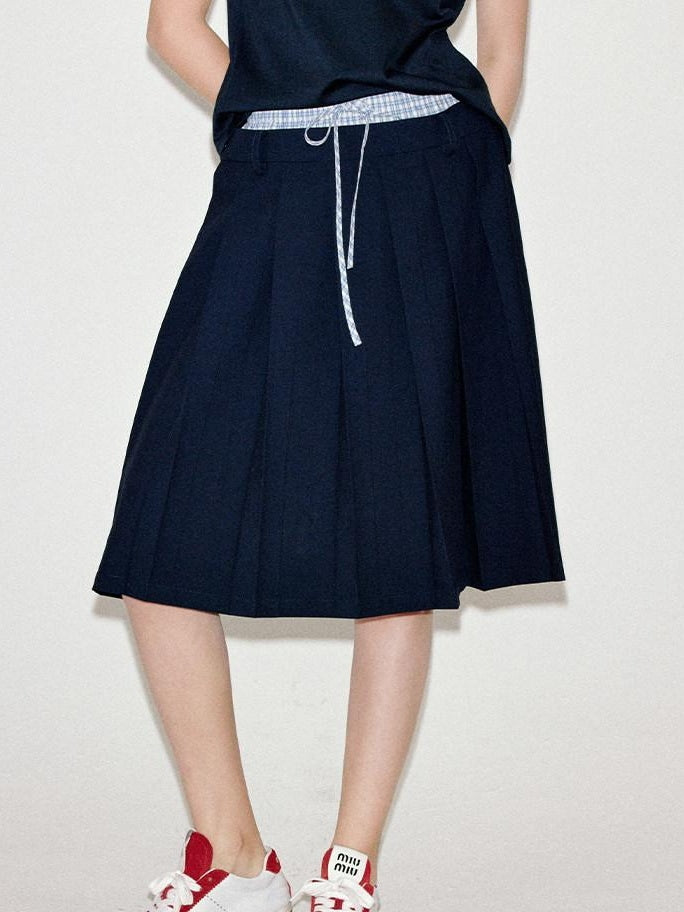 fano Classic Pleated Mid Waist Korean Office Navy Polyester Rayon Midi Skirts