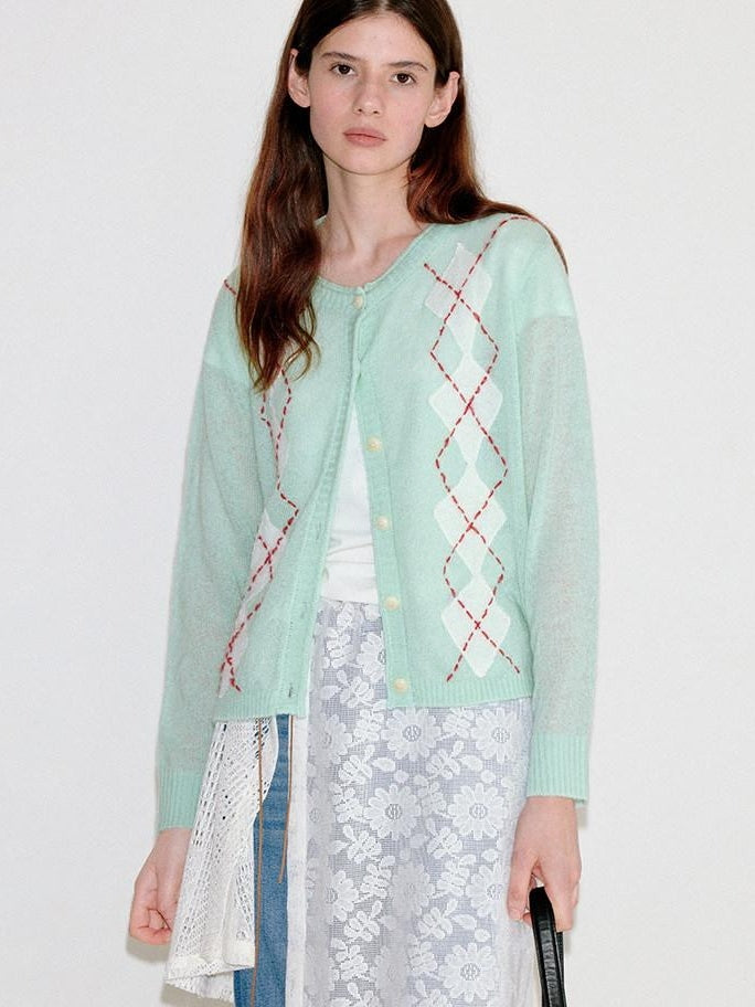 fano Warm Wool Blend Diamond Loose Fit Commuter Round Neck Mint Cardigans