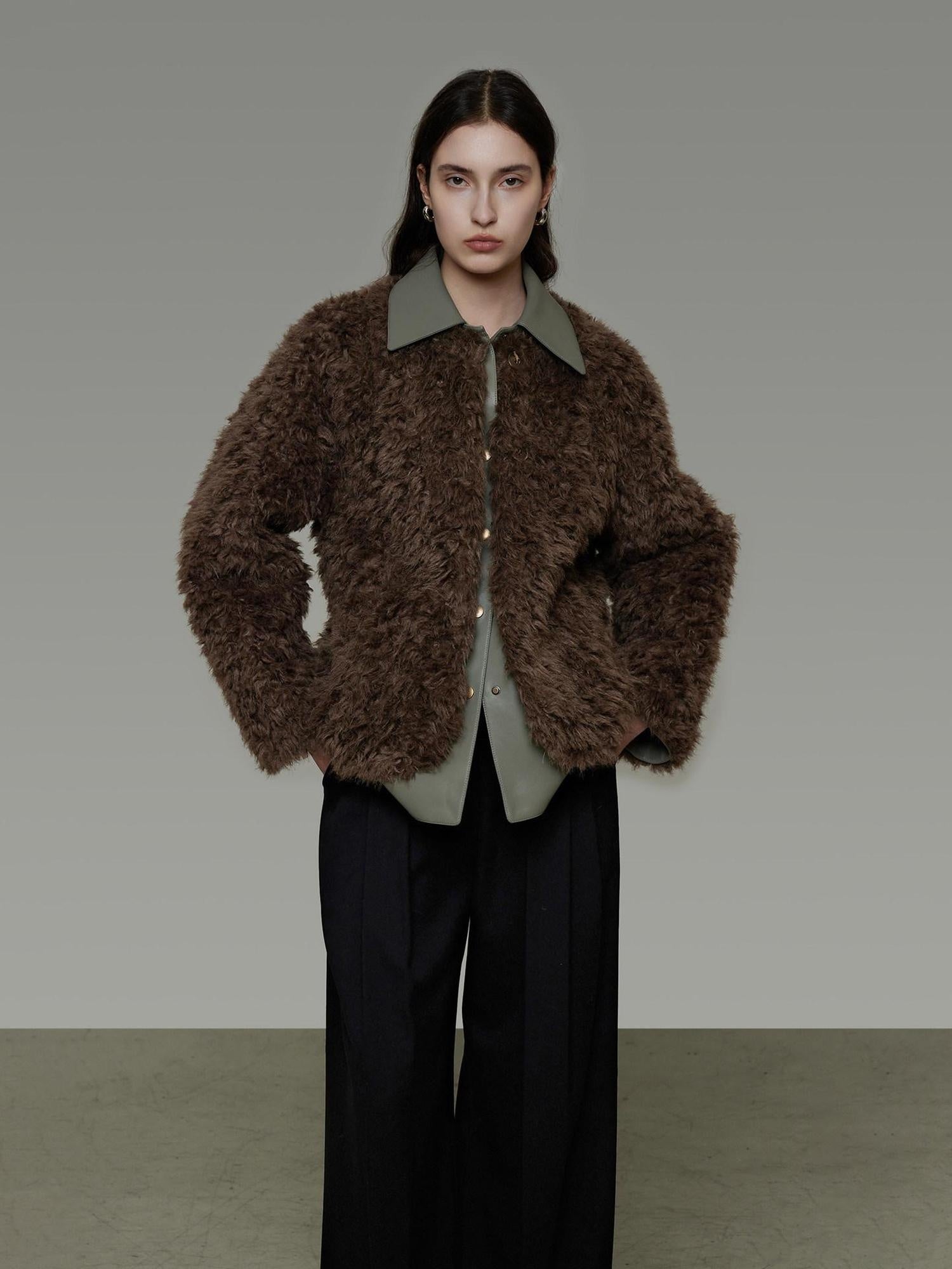 unspoken Warm Patchwork Lapel Loose Fit Minimalist Women Chestnut Short Coat