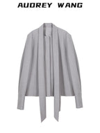 audreyyang Wrinkle Resistant Office Loose Tie Neck Bow Print Women Polyester Blouses