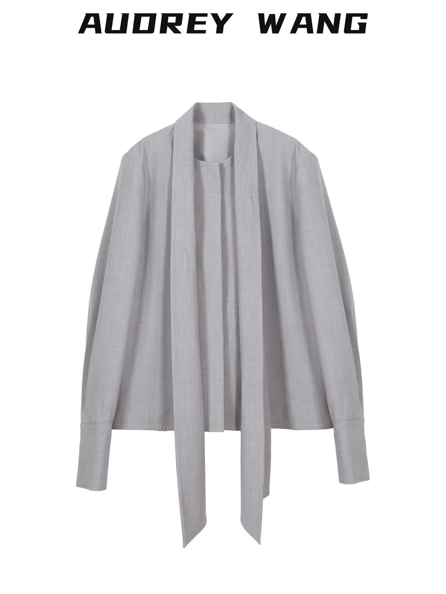 audreyyang Wrinkle Resistant Office Loose Tie Neck Bow Print Women Polyester Blouses