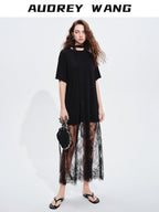 audreyyang Patchwork Polyester H Shift Loose Short Sleeve Crew Neck Everyday Midi Dresses