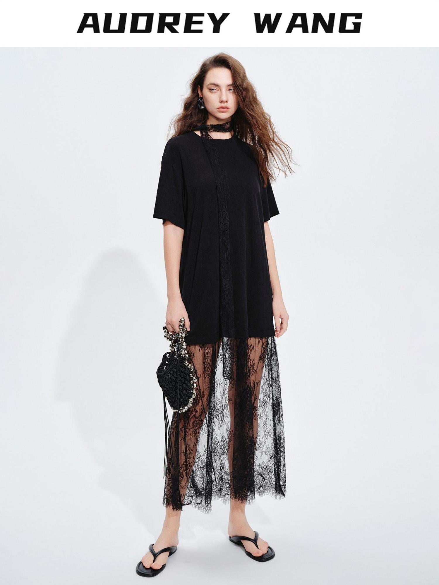 audreyyang Patchwork Polyester H Shift Loose Short Sleeve Crew Neck Everyday Midi Dresses