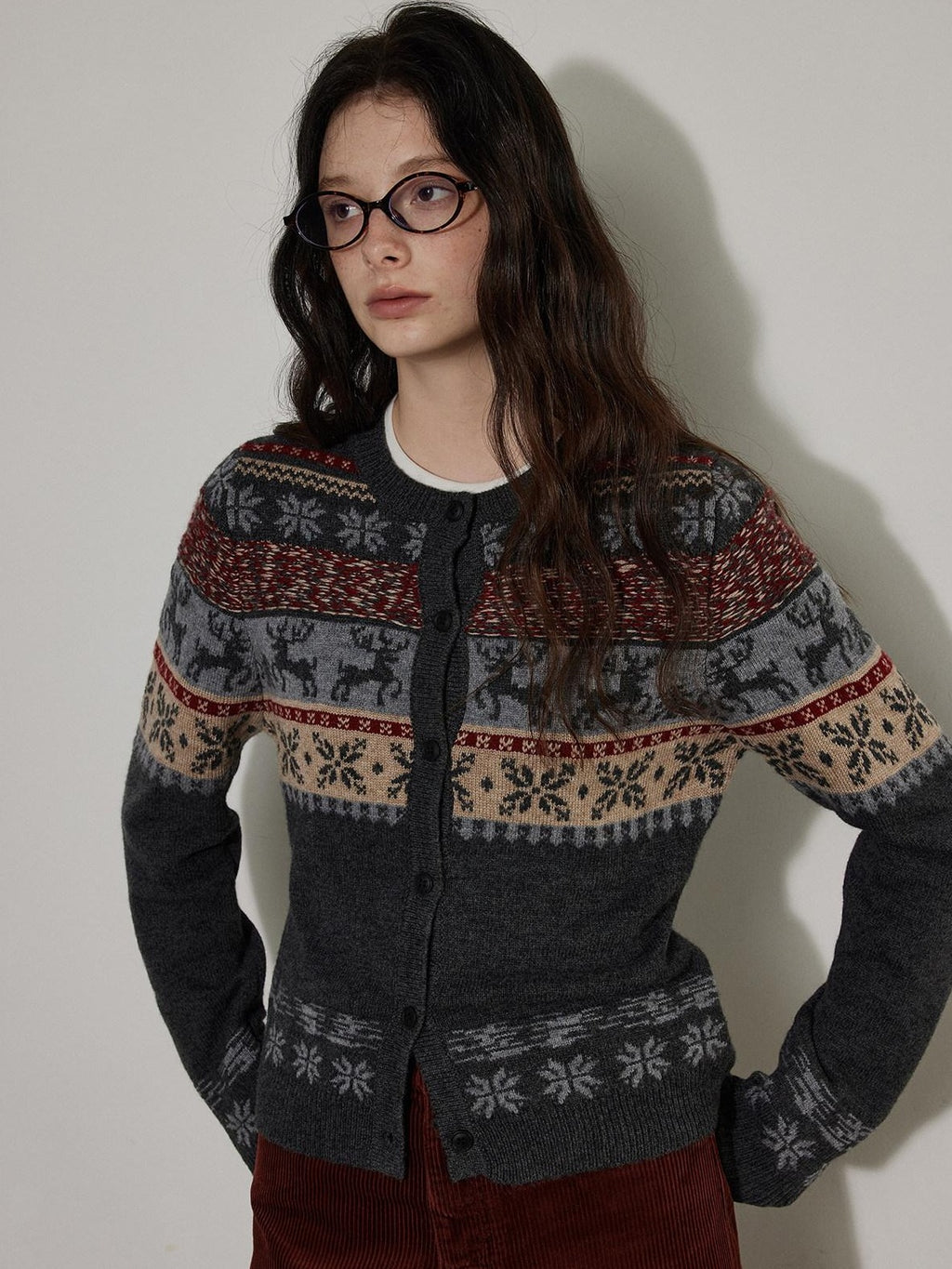 Lofi choose Wool Blend Vintage Loose Fit Round Neck Button Gray Knit Cardigans