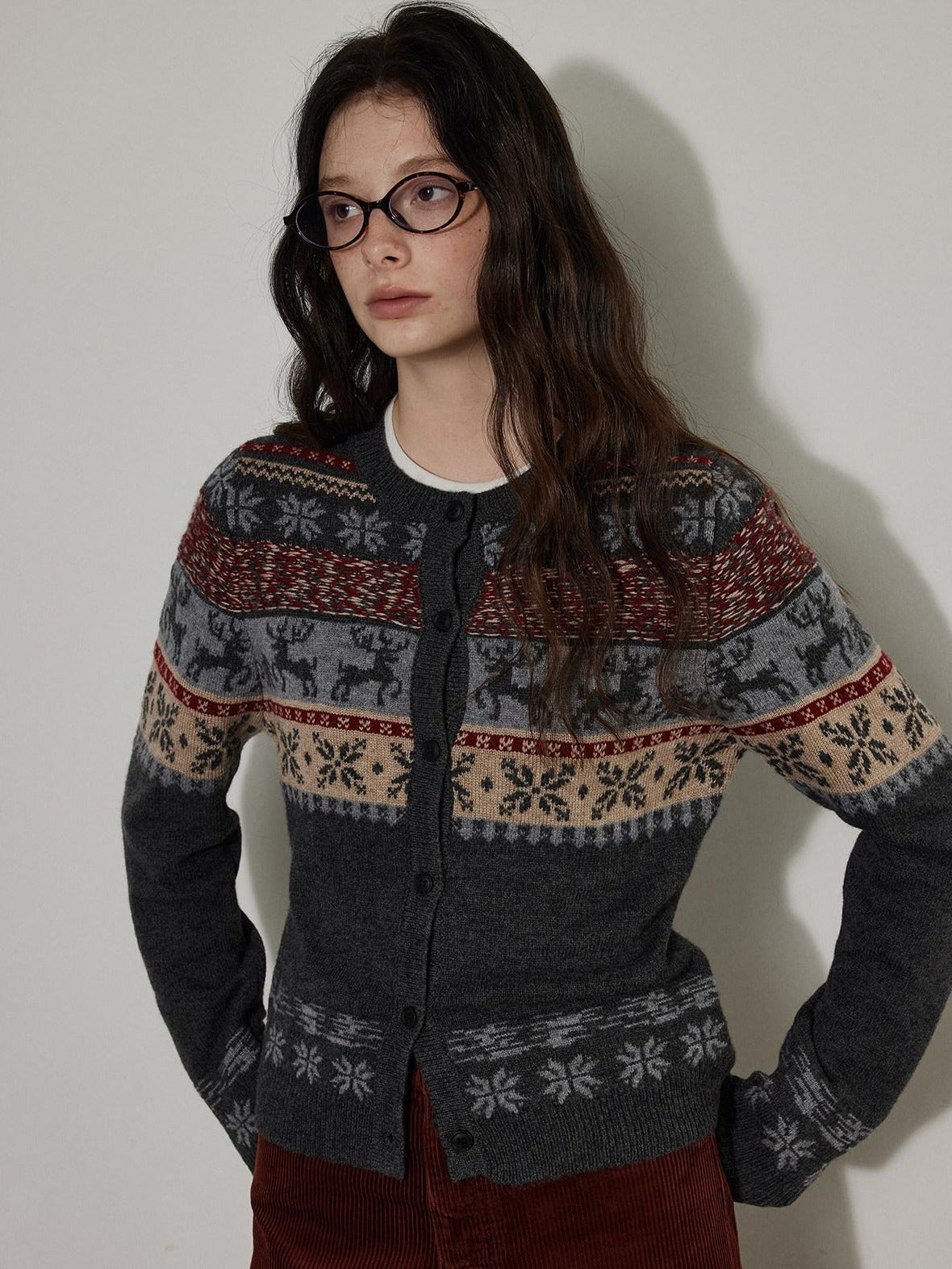 Lofi choose Wool Blend Vintage Loose Fit Round Neck Button Gray Knit Cardigans