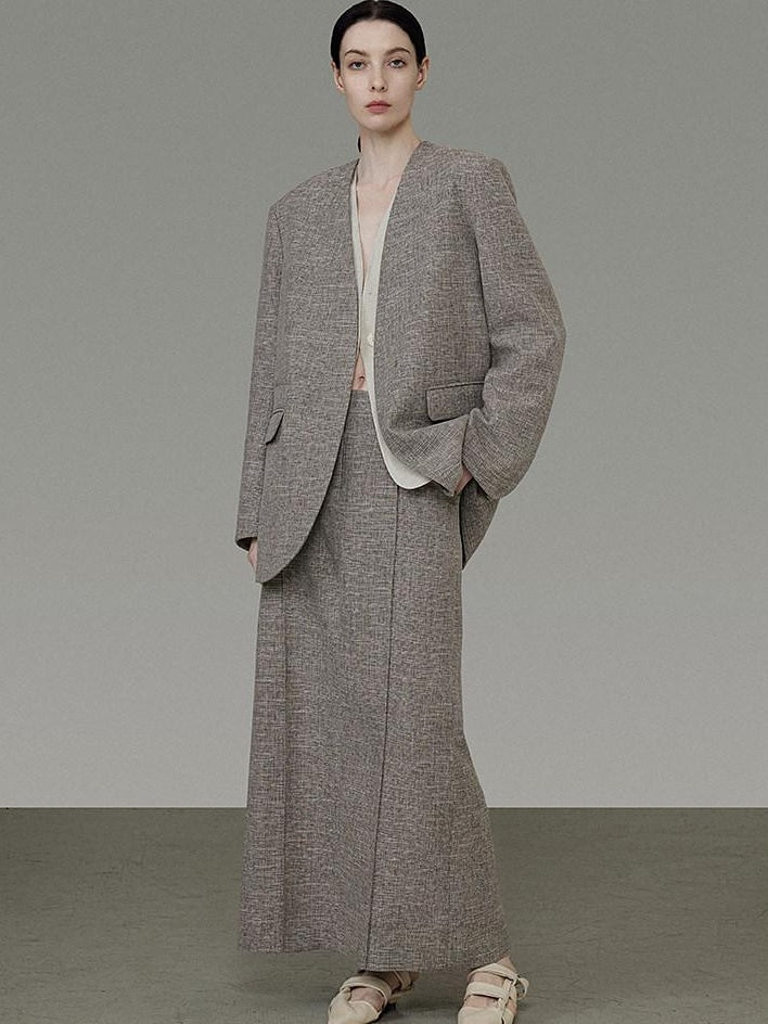 unspoken Minimalist Heather Gray Loose Fit Longsleeve Office Polyester Top & Skirt Sets