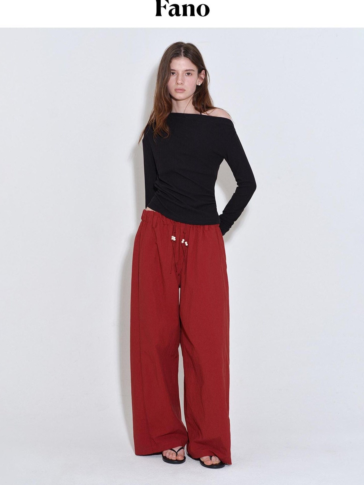 fano High Waist Elastic Minimal Korean Workwear Wide Leg Nylon Red Straight Pants