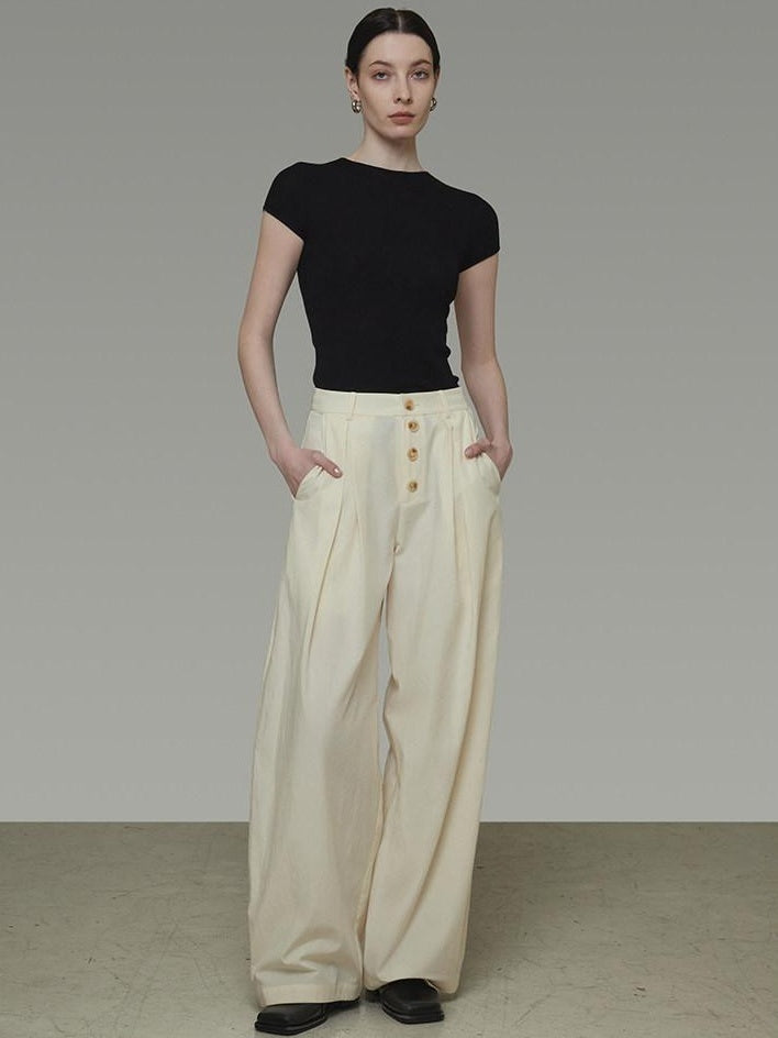 unspoken High Waist Lyocell Blend Pleated Button Minimal Workwear Wide Leg Pants