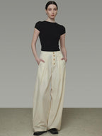 unspoken High Waist Lyocell Blend Pleated Button Minimal Workwear Wide Leg Pants