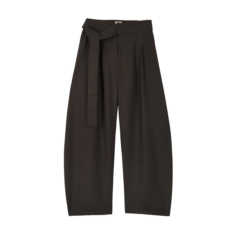 someonesometimes Minimalist Work Natural Waist Button Tea Brown Stretch Wide Leg Pants