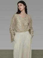 unspoken Breathable Lyocell Embroidered Vintage Loose Round Neck Women Almond Blouses