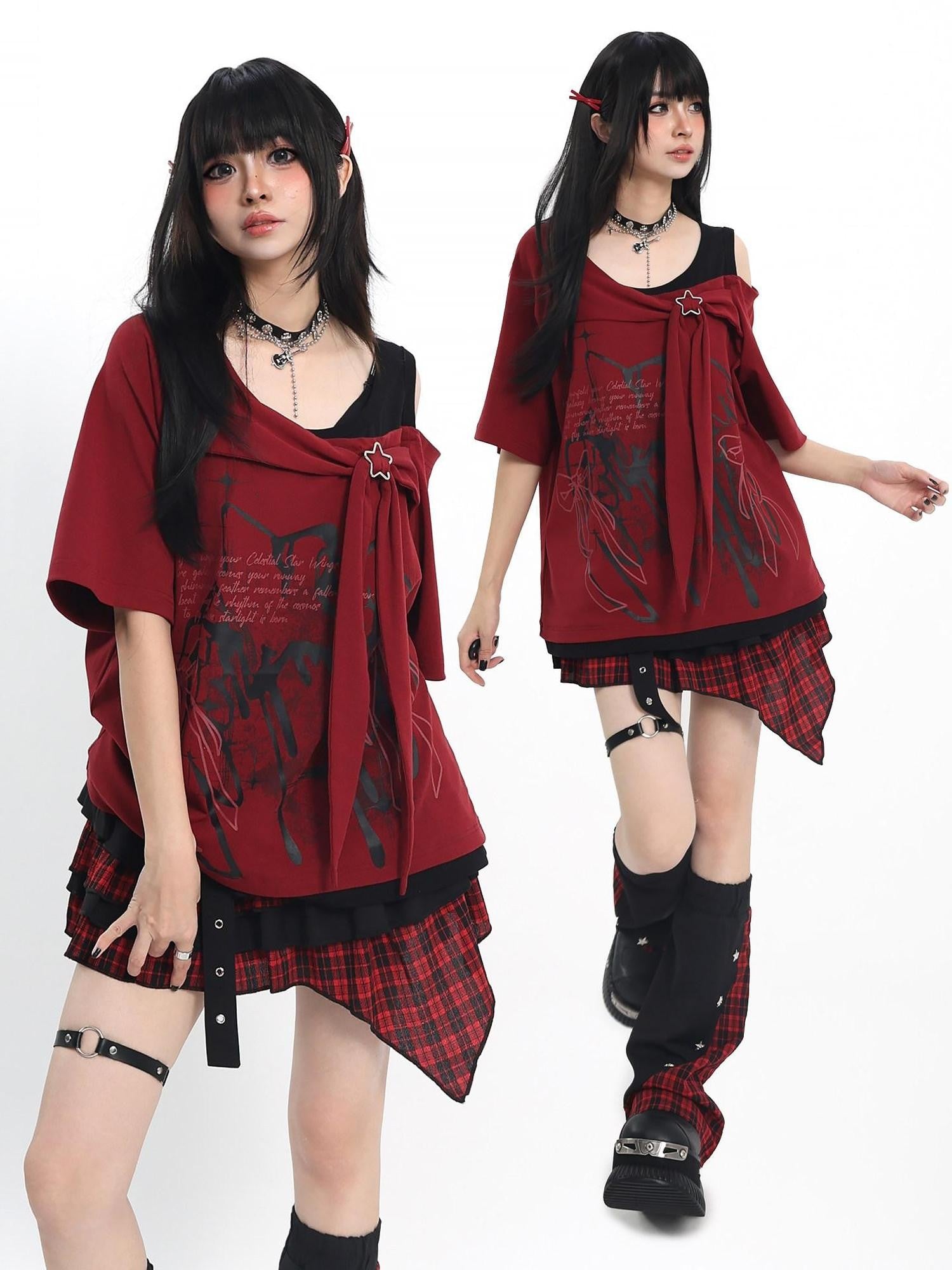 catwish Asymmetric Off Shoulder Embossed Patchwork Women's Cotton Short Sleeve T-shirts