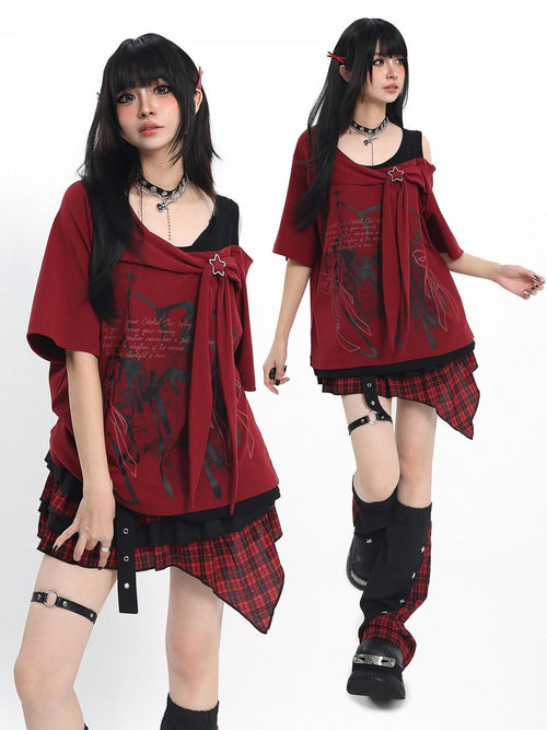 catwish Asymmetric Off Shoulder Embossed Patchwork Women's Cotton Short Sleeve T-shirts