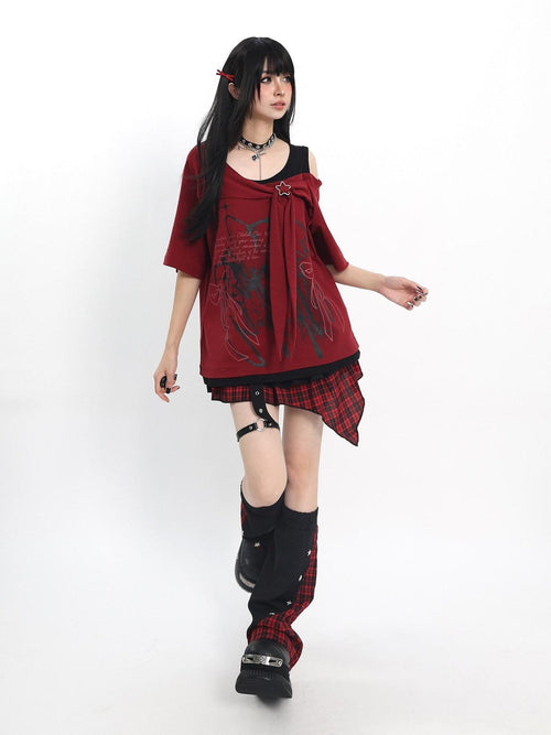 catwish Asymmetric Off Shoulder Embossed Patchwork Women's Cotton Short Sleeve T-shirts