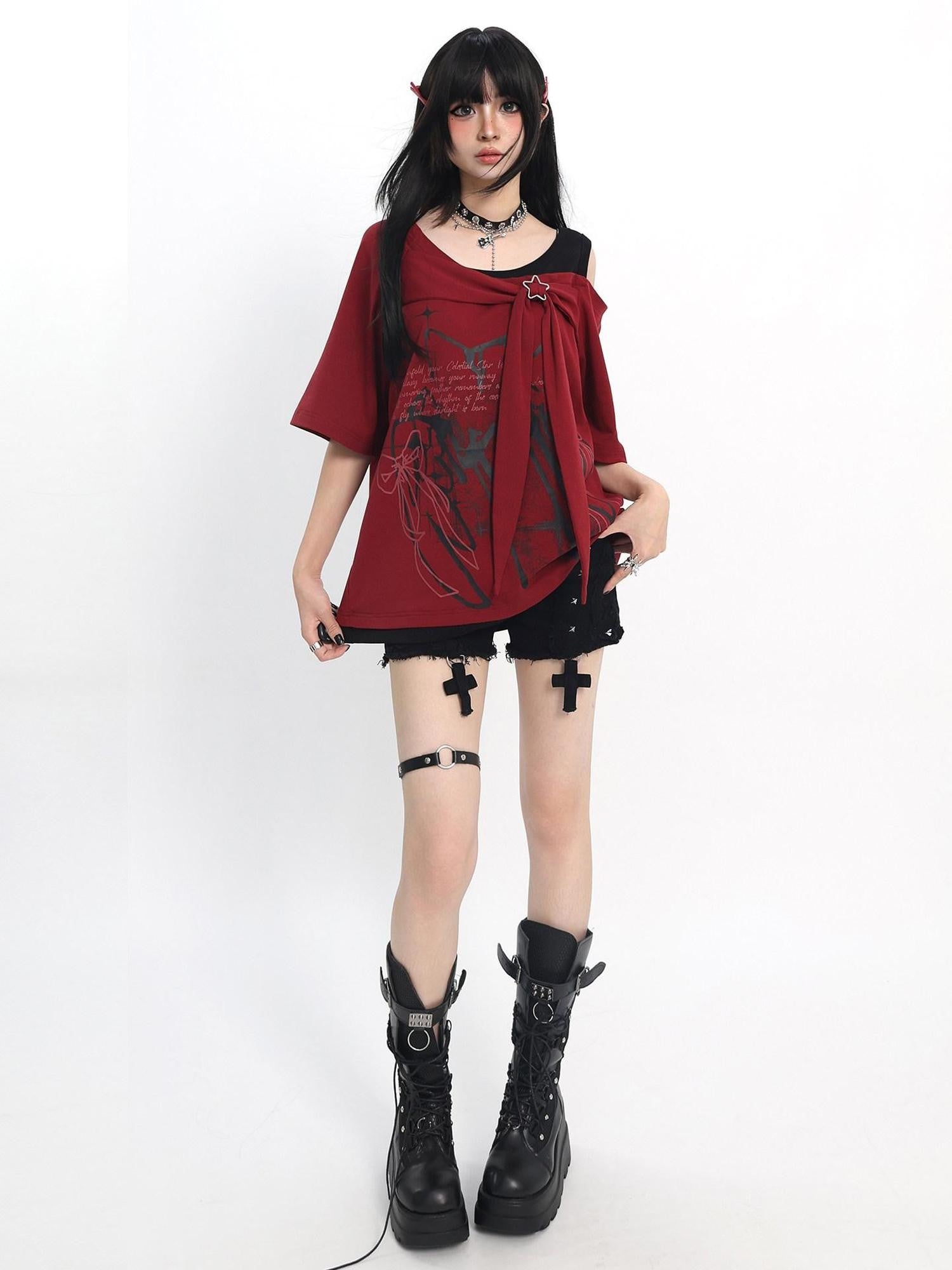 catwish Asymmetric Off Shoulder Embossed Patchwork Women's Cotton Short Sleeve T-shirts