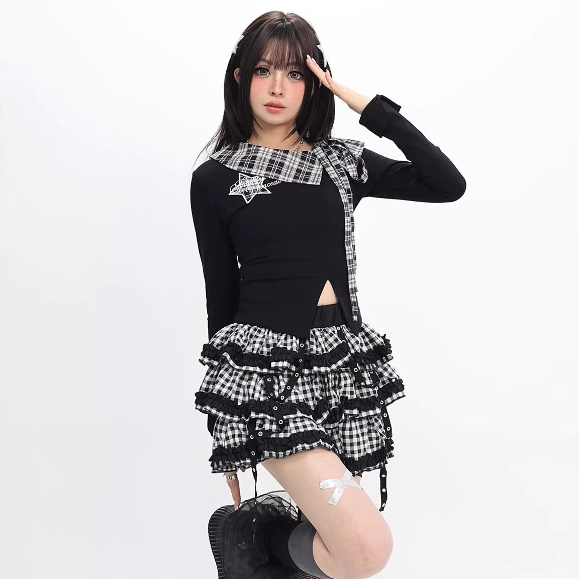 catwish_Black_Asymmetrical_Patchwork_Star_Split_Hem_Women's_Cotton_Long_Sleeve_T-shirts_1027914380645_MISSTT