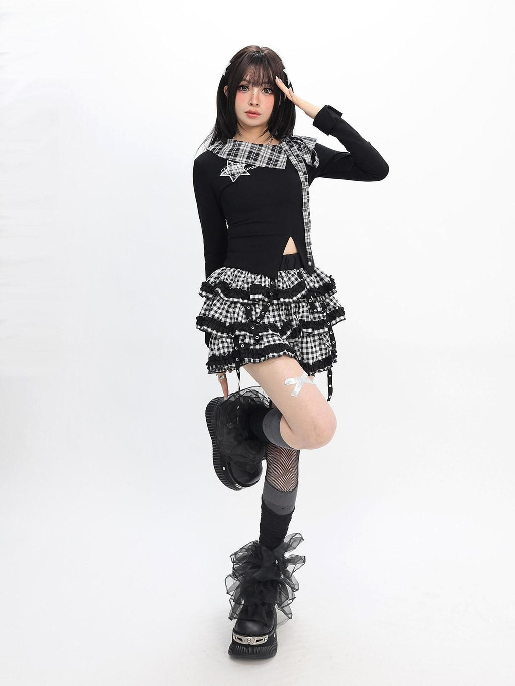 catwish Black Asymmetrical Patchwork Star Split Hem Women's Cotton Long Sleeve T-shirts