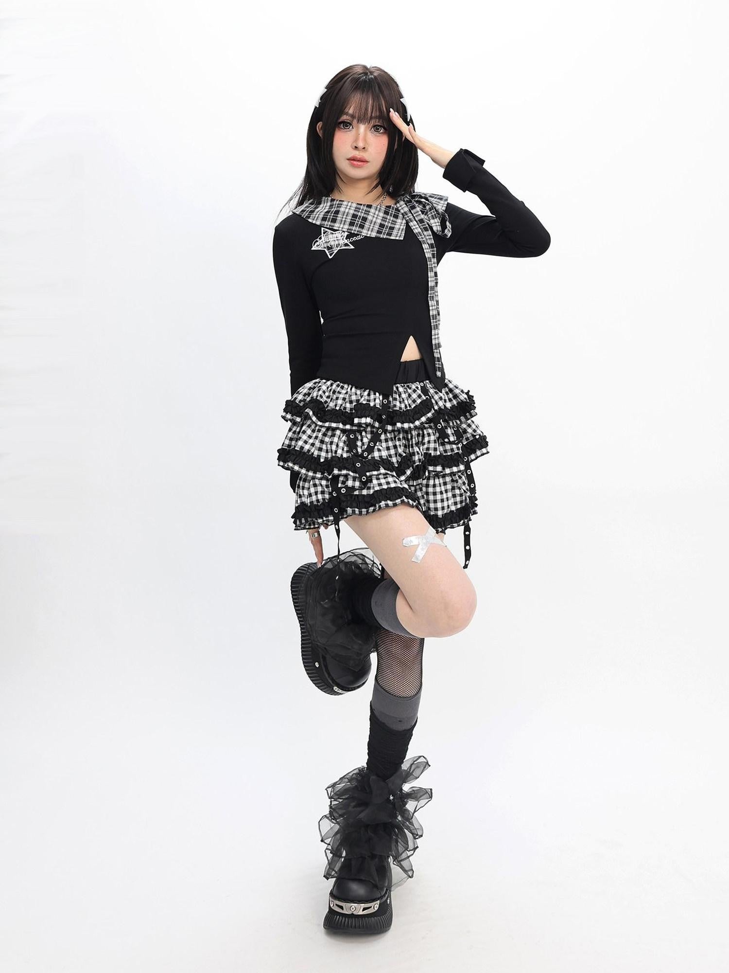 catwish Black Asymmetrical Patchwork Star Split Hem Women's Cotton Long Sleeve T-shirts
