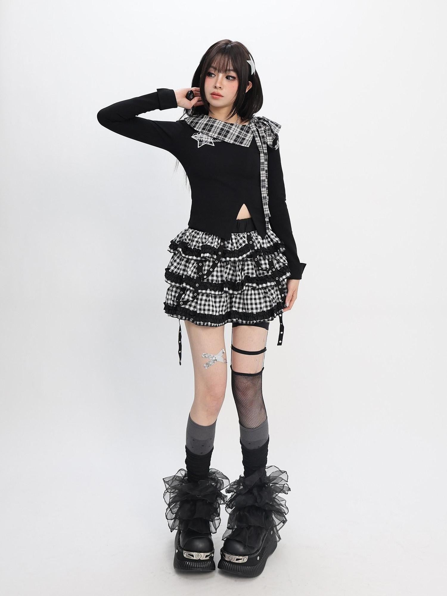 catwish Black Asymmetrical Patchwork Star Split Hem Women's Cotton Long Sleeve T-shirts
