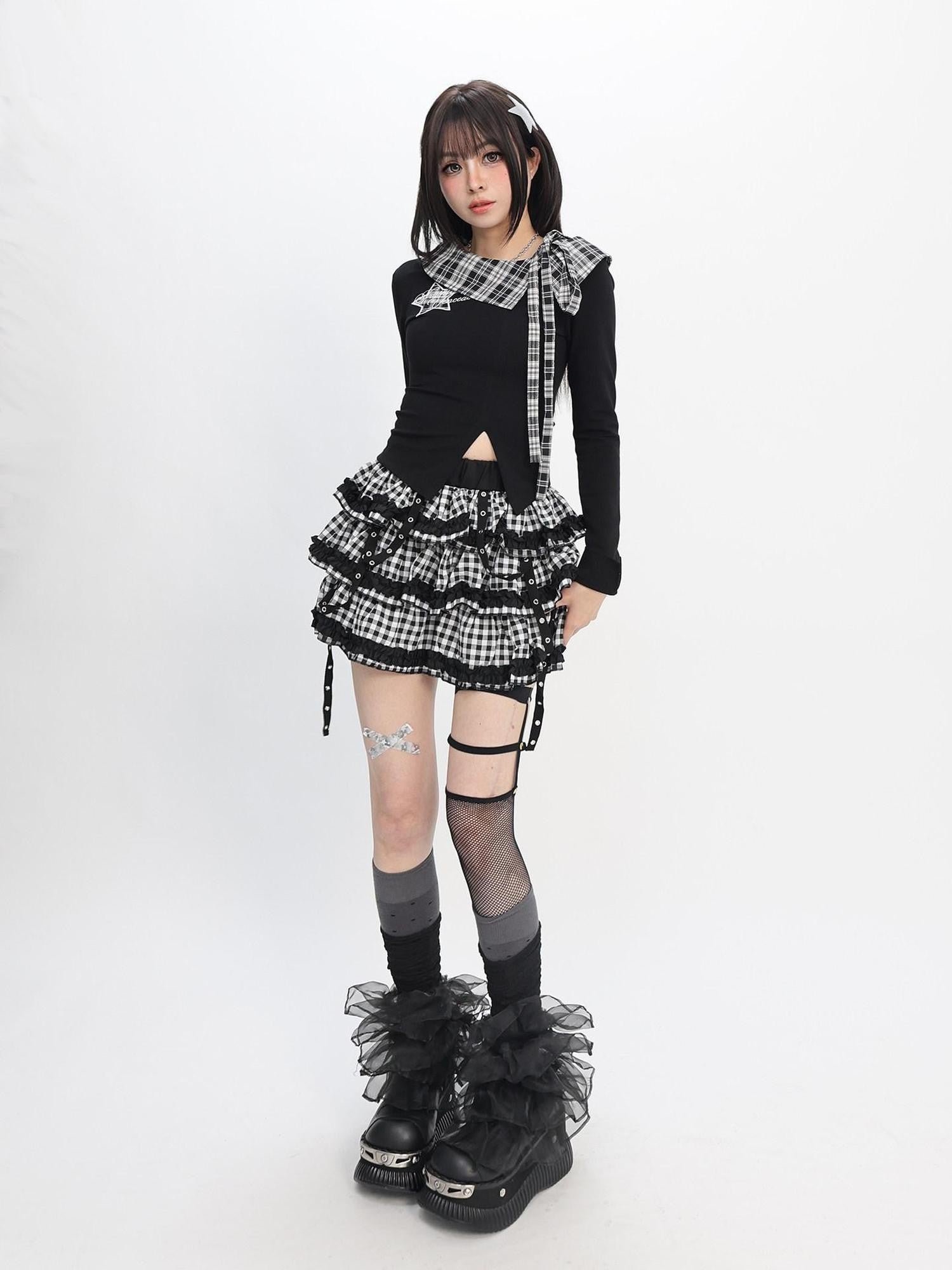 catwish Black Asymmetrical Patchwork Star Split Hem Women's Cotton Long Sleeve T-shirts