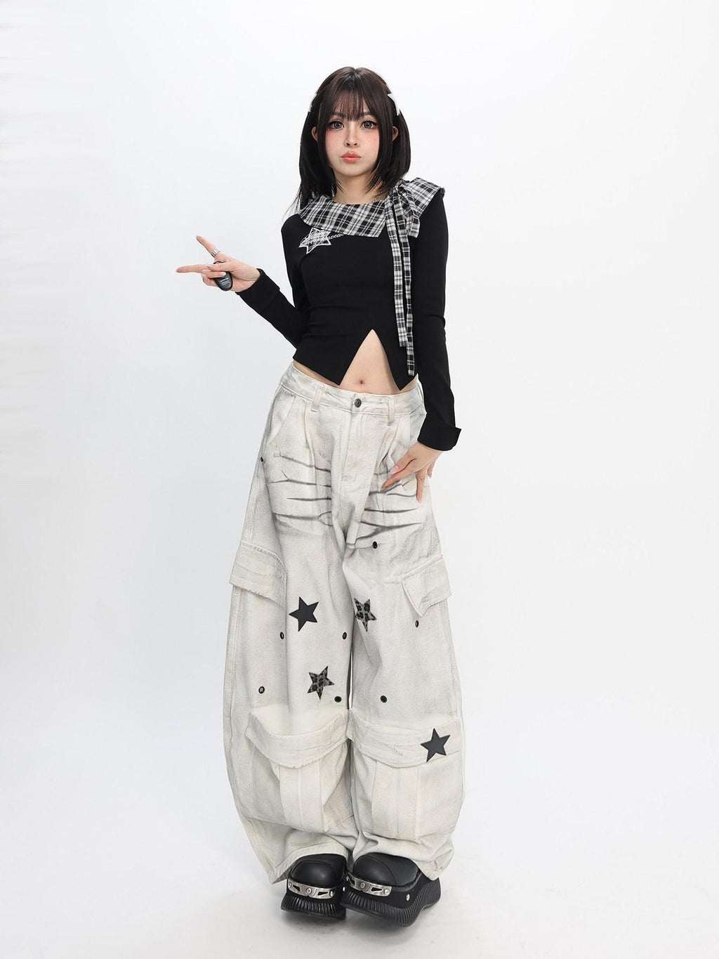 catwish Black Asymmetrical Patchwork Star Split Hem Women's Cotton Long Sleeve T-shirts