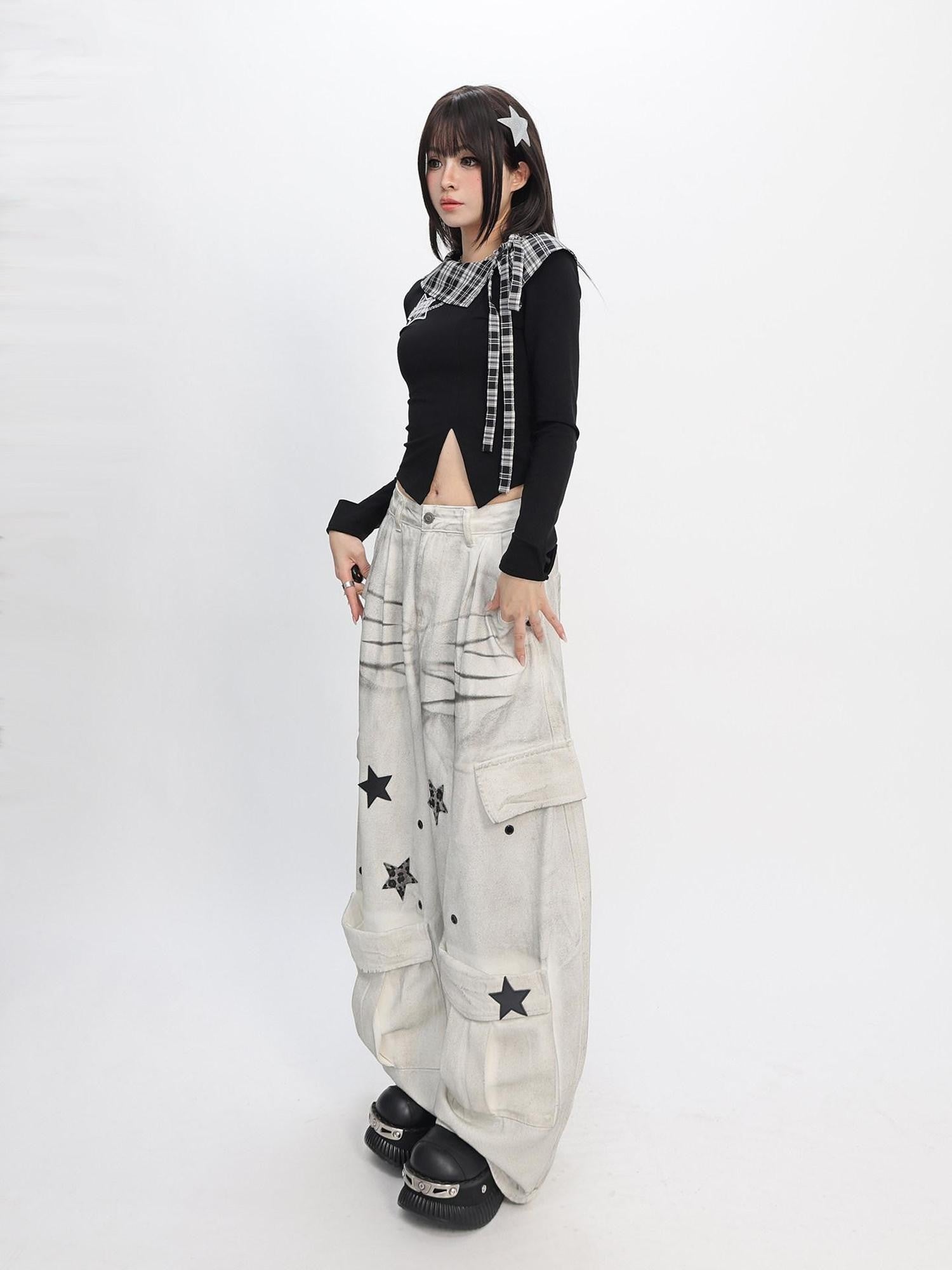 catwish Black Asymmetrical Patchwork Star Split Hem Women's Cotton Long Sleeve T-shirts