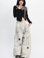 catwish Black Asymmetrical Patchwork Star Split Hem Women's Cotton Long Sleeve T-shirts