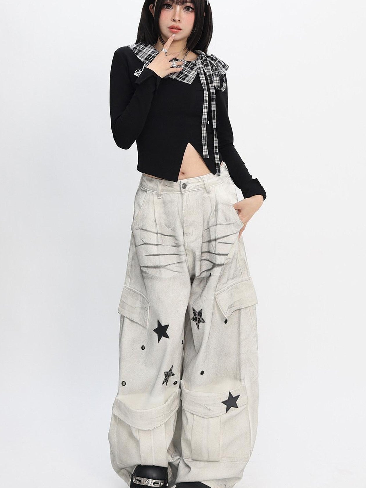 catwish Black Asymmetrical Patchwork Star Split Hem Women's Cotton Long Sleeve T-shirts