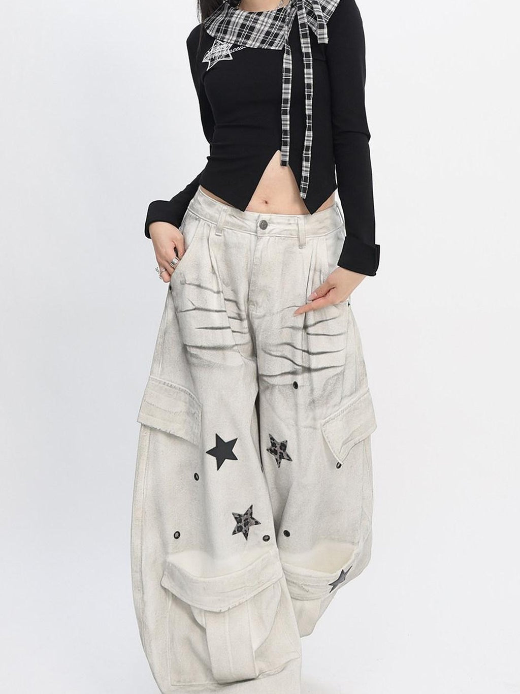 catwish Black Asymmetrical Patchwork Star Split Hem Women's Cotton Long Sleeve T-shirts