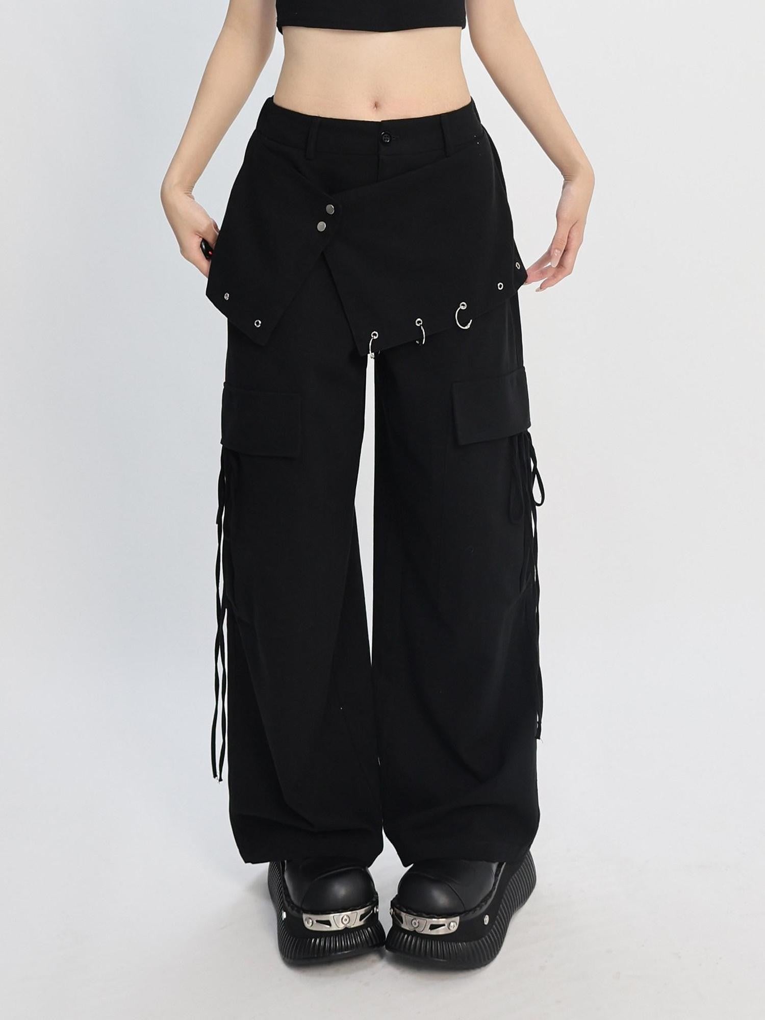 catwish Black Punk Asymmetric Cargo Layered Skirt Women's Cotton Wide-leg Pants