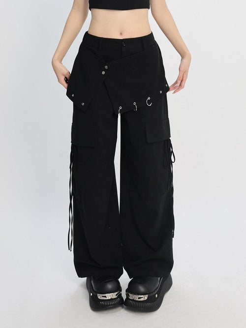 catwish Black Punk Asymmetric Cargo Layered Skirt Women's Cotton Wide-leg Pants
