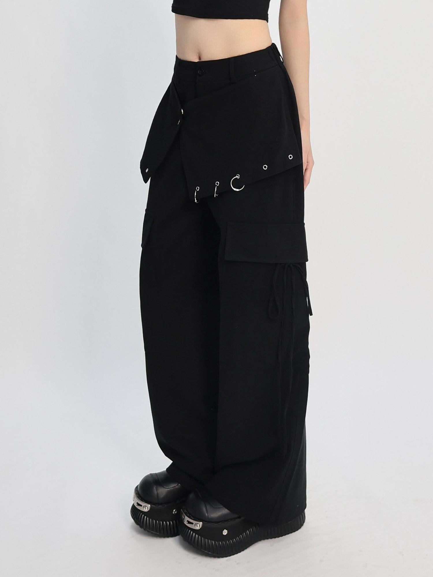catwish Black Punk Asymmetric Cargo Layered Skirt Women's Cotton Wide-leg Pants