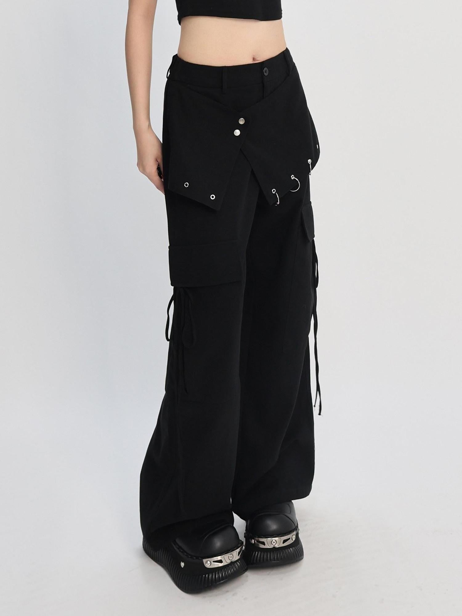 catwish Black Punk Asymmetric Cargo Layered Skirt Women's Cotton Wide-leg Pants