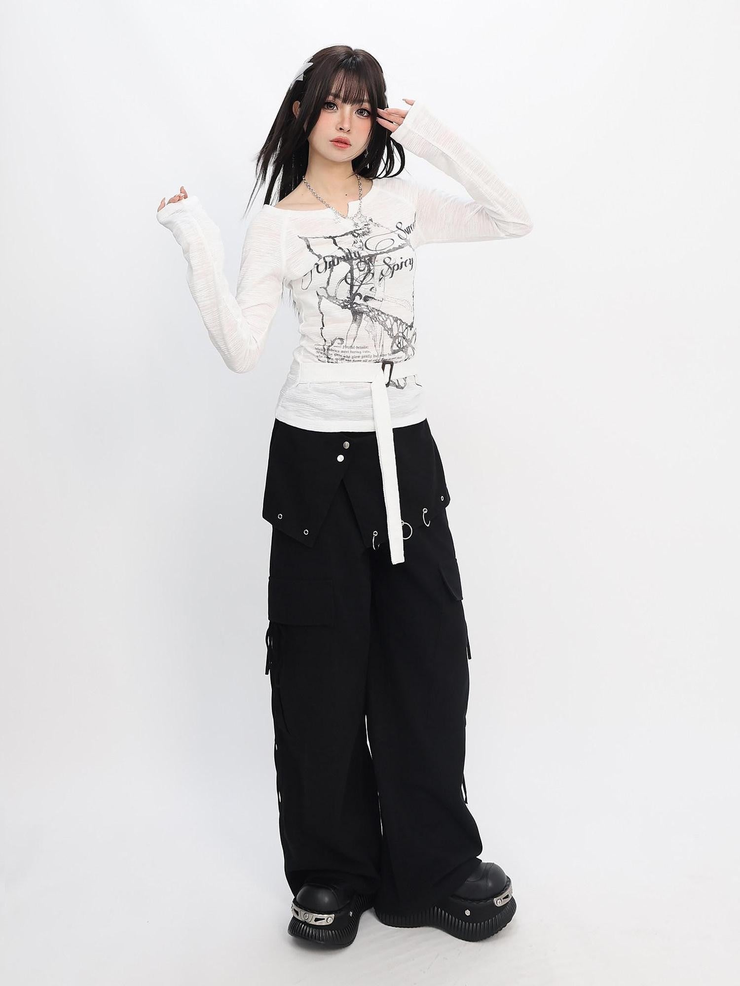 catwish Black Punk Asymmetric Cargo Layered Skirt Women's Cotton Wide-leg Pants