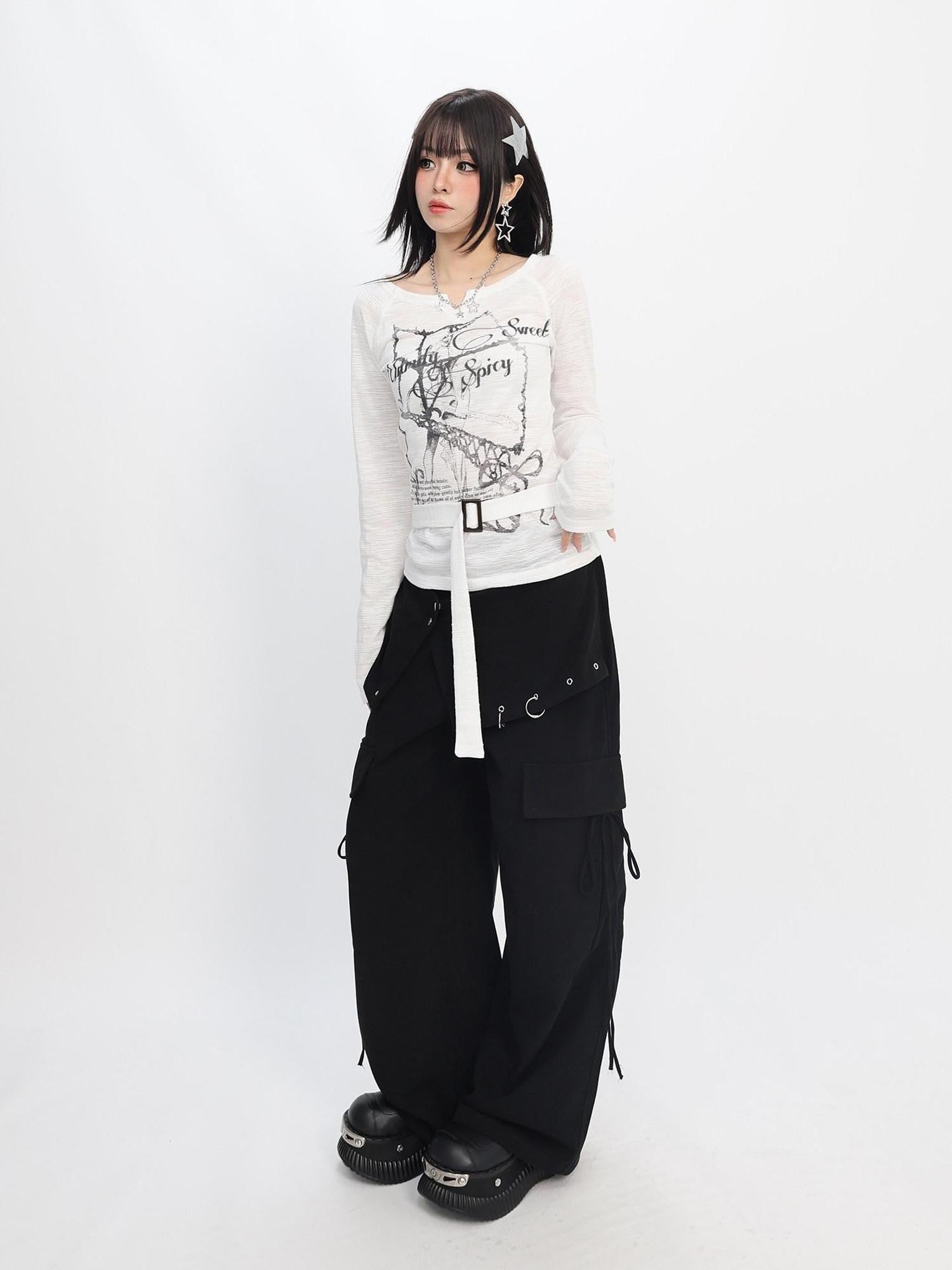 catwish Black Punk Asymmetric Cargo Layered Skirt Women's Cotton Wide-leg Pants