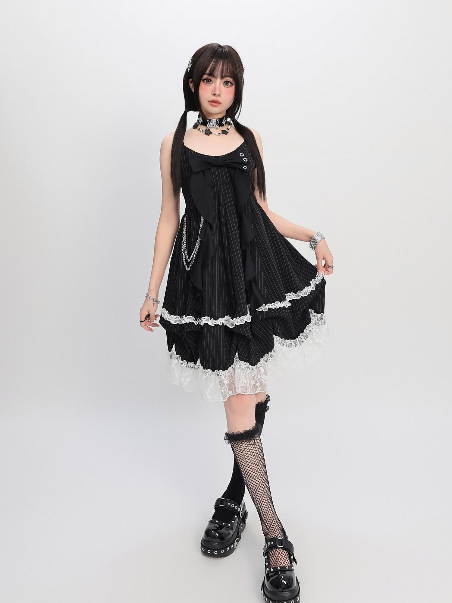 catwish Black Stripe Lace Bow High Waist Puff Women's Polyester Slip Midi Dresses