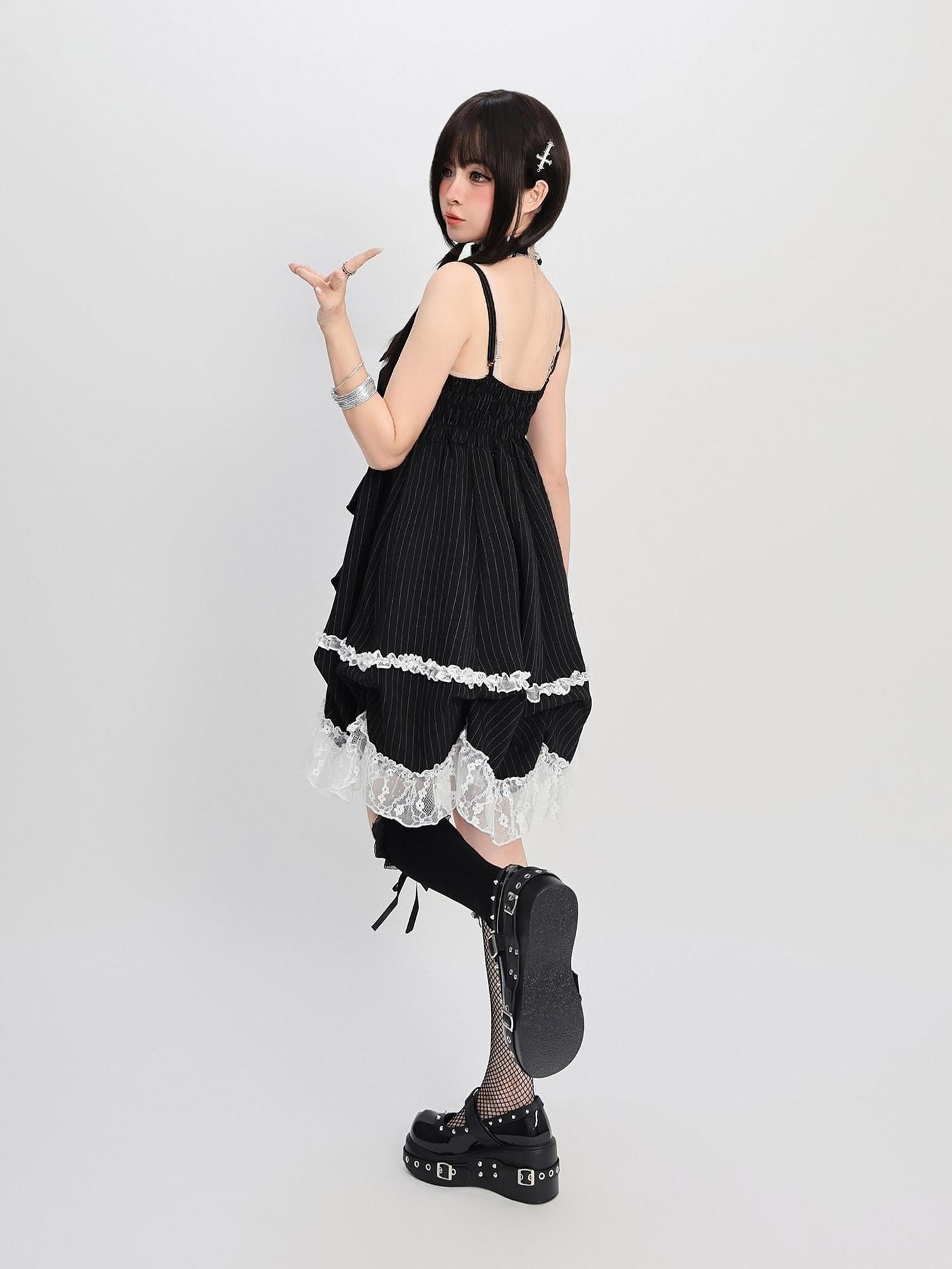 catwish Black Stripe Lace Bow High Waist Puff Women's Polyester Slip Midi Dresses