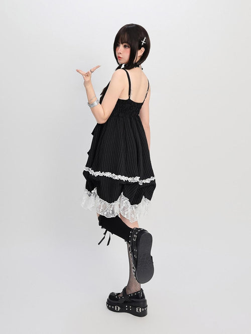 catwish Black Stripe Lace Bow High Waist Puff Women's Polyester Slip Midi Dresses