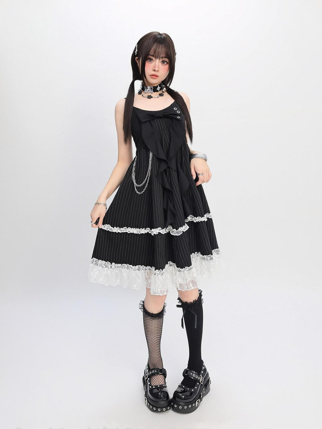 catwish Black Stripe Lace Bow High Waist Puff Women's Polyester Slip Midi Dresses