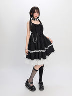 catwish Black Stripe Lace Bow High Waist Puff Women's Polyester Slip Midi Dresses