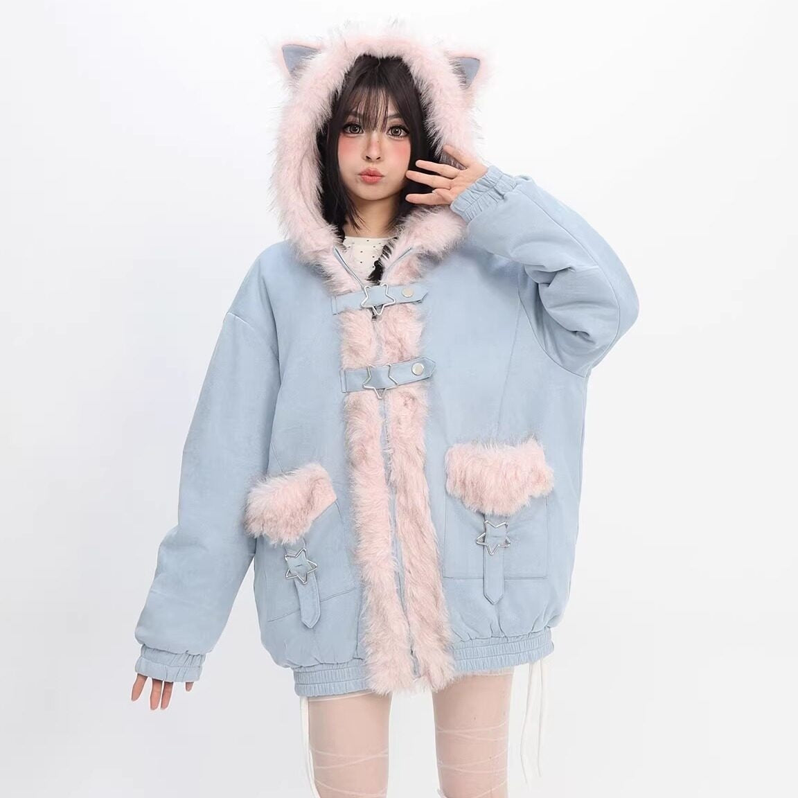 catwish_Blue_Reversible_Hooded_Eagle_Print_Puff_Sleeve_Women's_Faux_Fur_Short_Coats_1008075298448_MISSTT