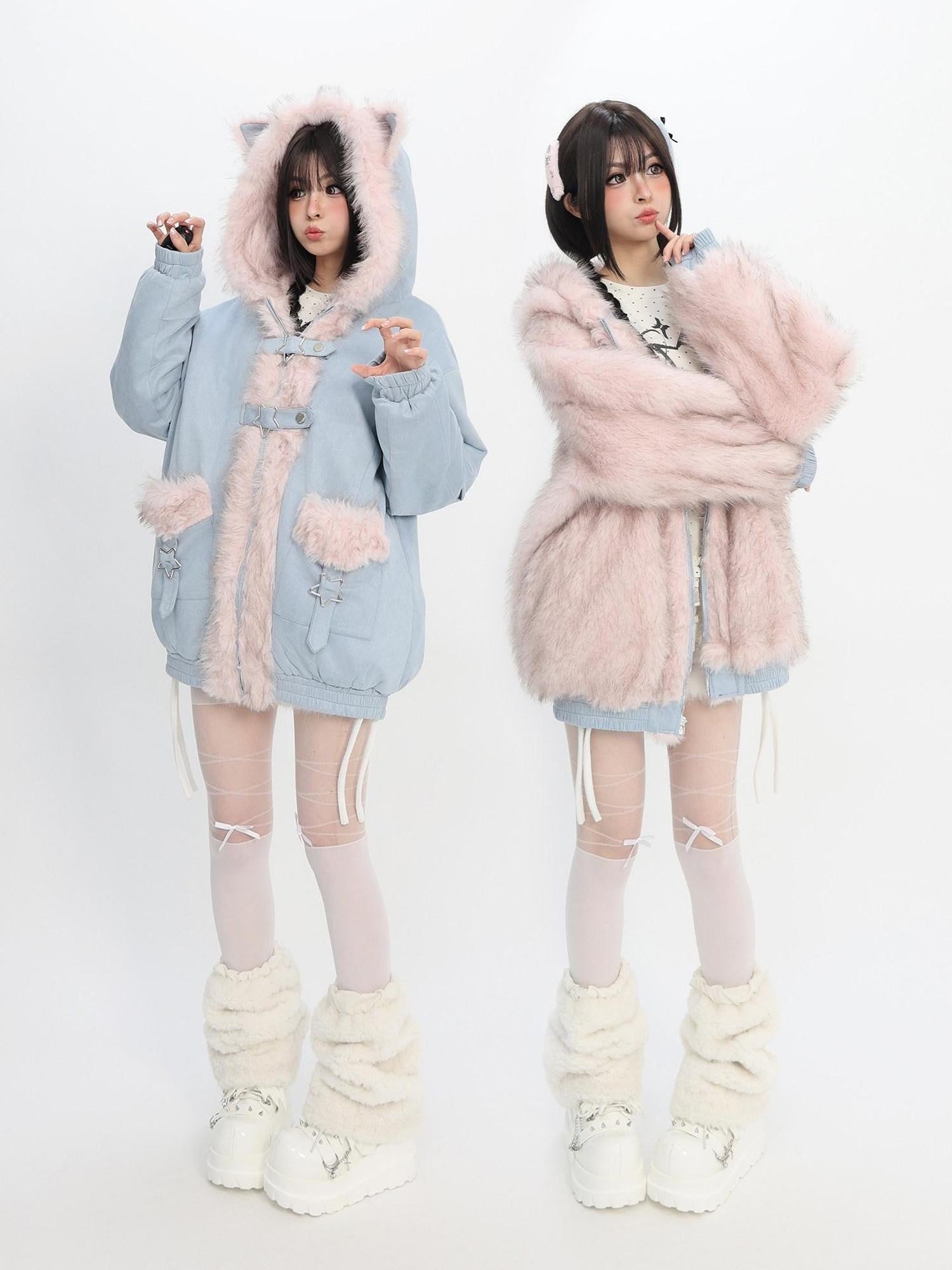 catwish Blue Reversible Hooded Eagle Print Puff Sleeve Women's Faux Fur Short Coats