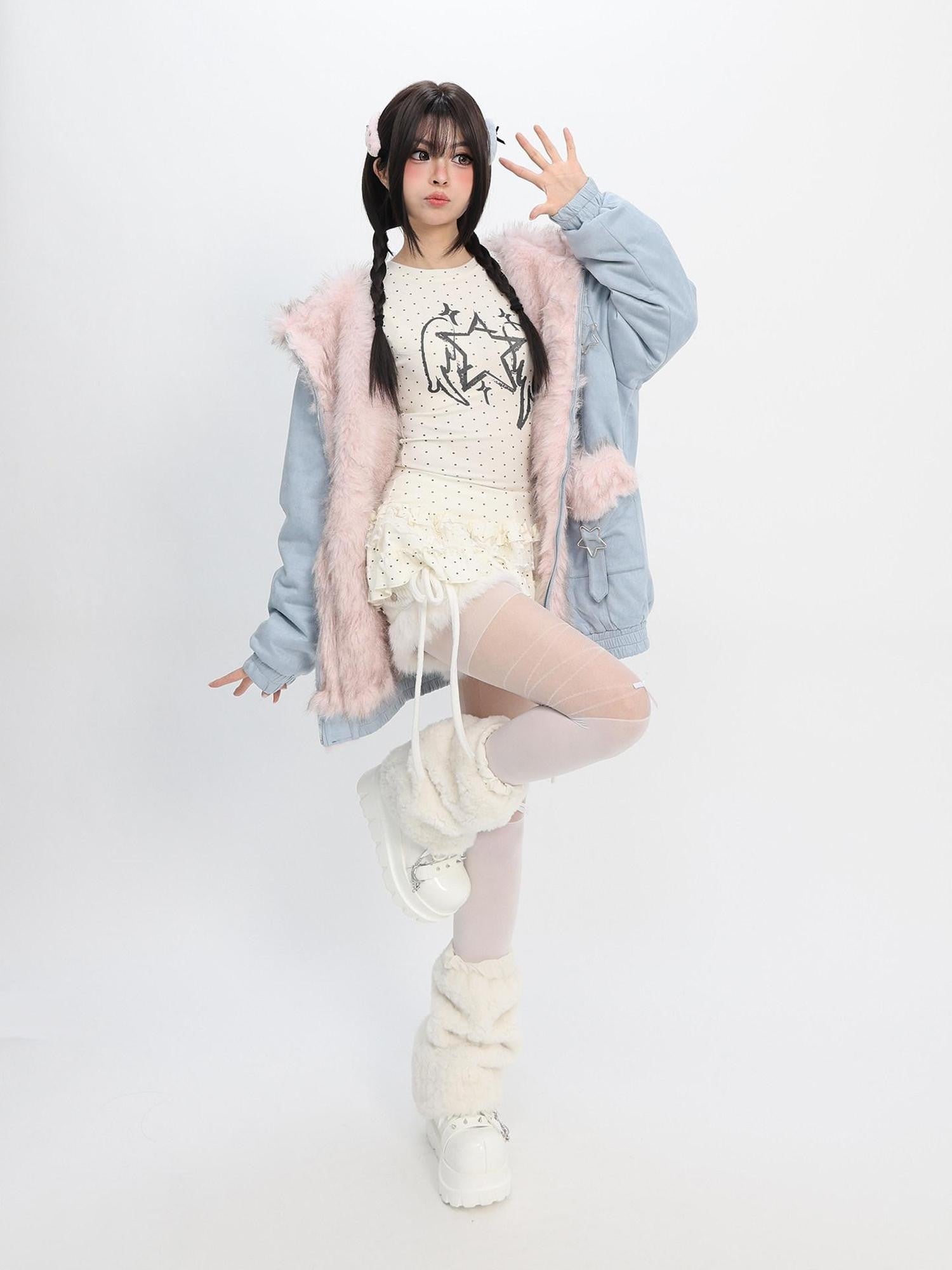 catwish Blue Reversible Hooded Eagle Print Puff Sleeve Women's Faux Fur Short Coats