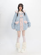catwish Blue Reversible Hooded Eagle Print Puff Sleeve Women's Faux Fur Short Coats