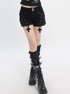 catwish Distressed Cross Stud Low Rise Slim Fit Women's Cotton Denim Shorts